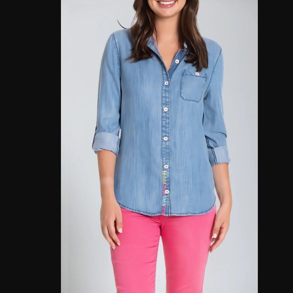 APNY Tencel Button-Up Shirt With Hand Embroidery | Size XS